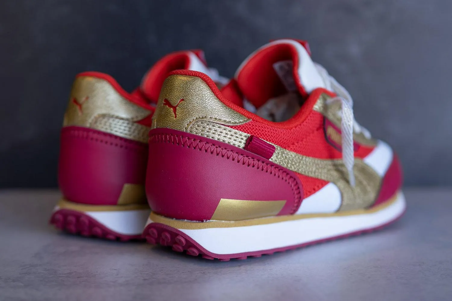 Kids Puma Future Rider Glitz Ornament White Gold Red Purple Silver Sneaker Shoe