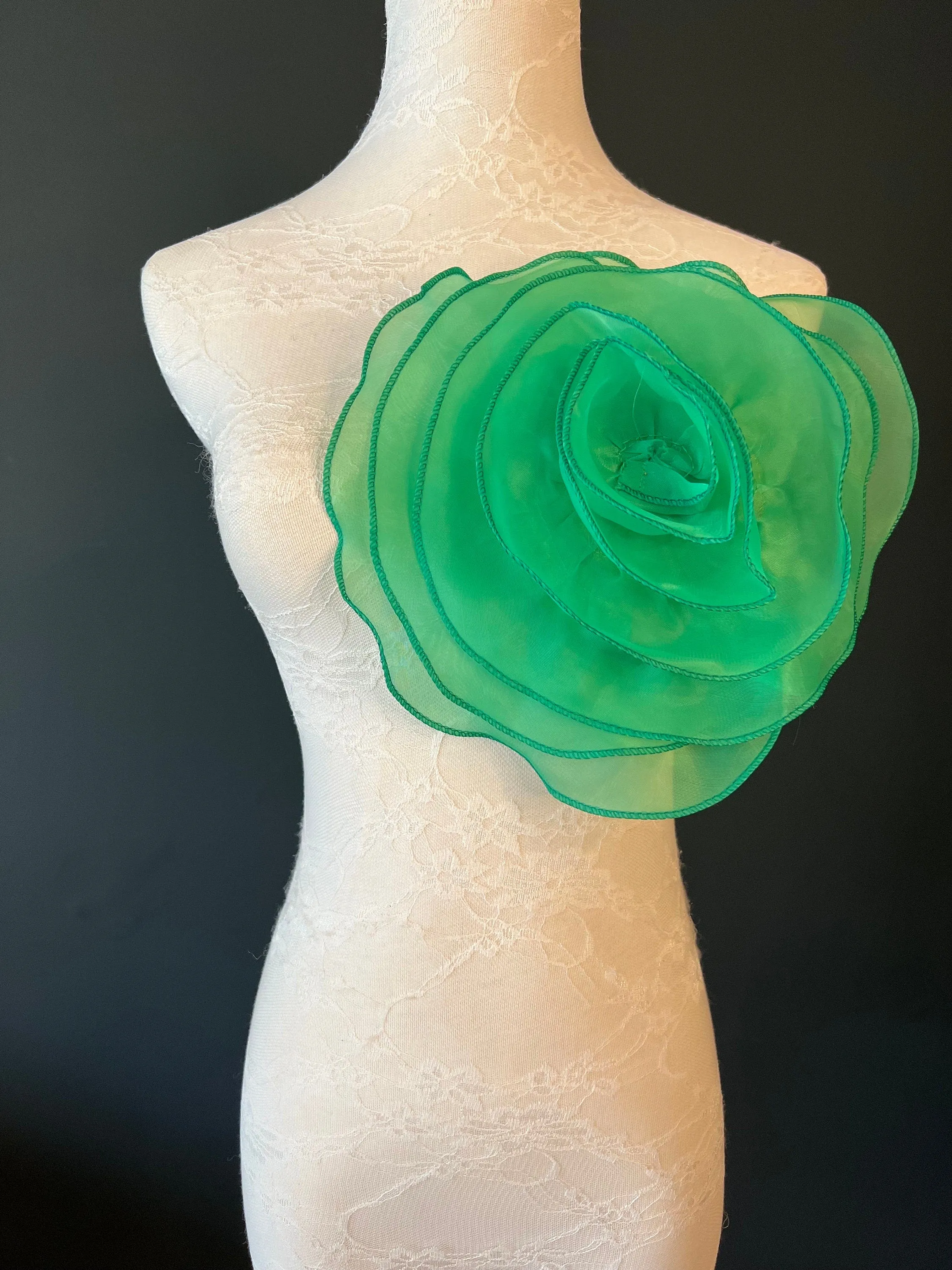 Large 3D Corsage Flower, Green, 10” Wide, Pin on Corsage, Bridal, Clothing, Dress, Hat, Accessory, FAN Design