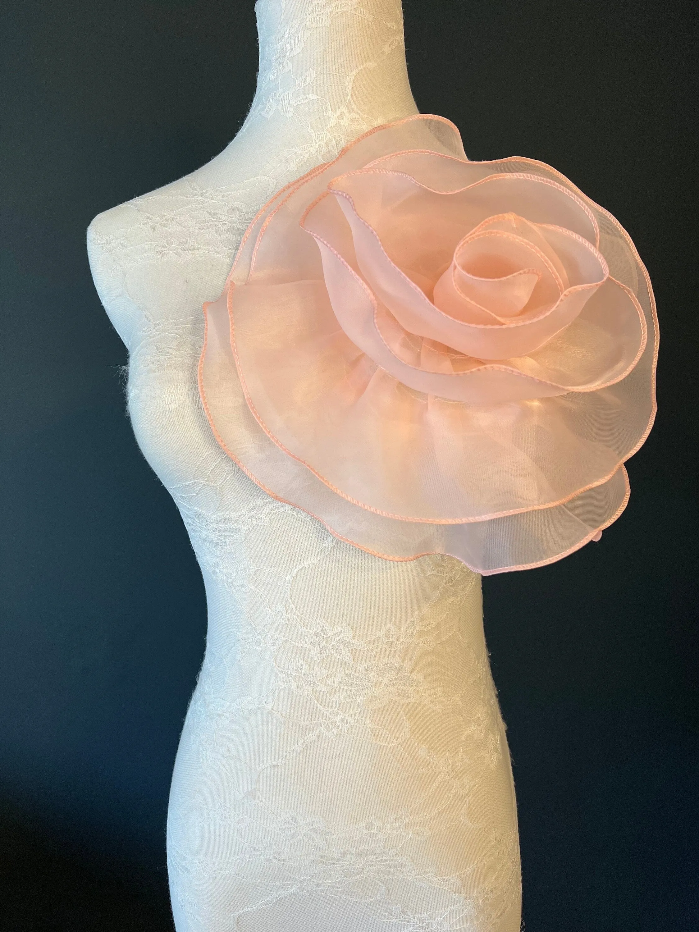Large 3D Corsage Flower, Peach, 10” Wide, Pin on Corsage, Bridal, Clothing, Dress, Hat, Accessory, FAN Design