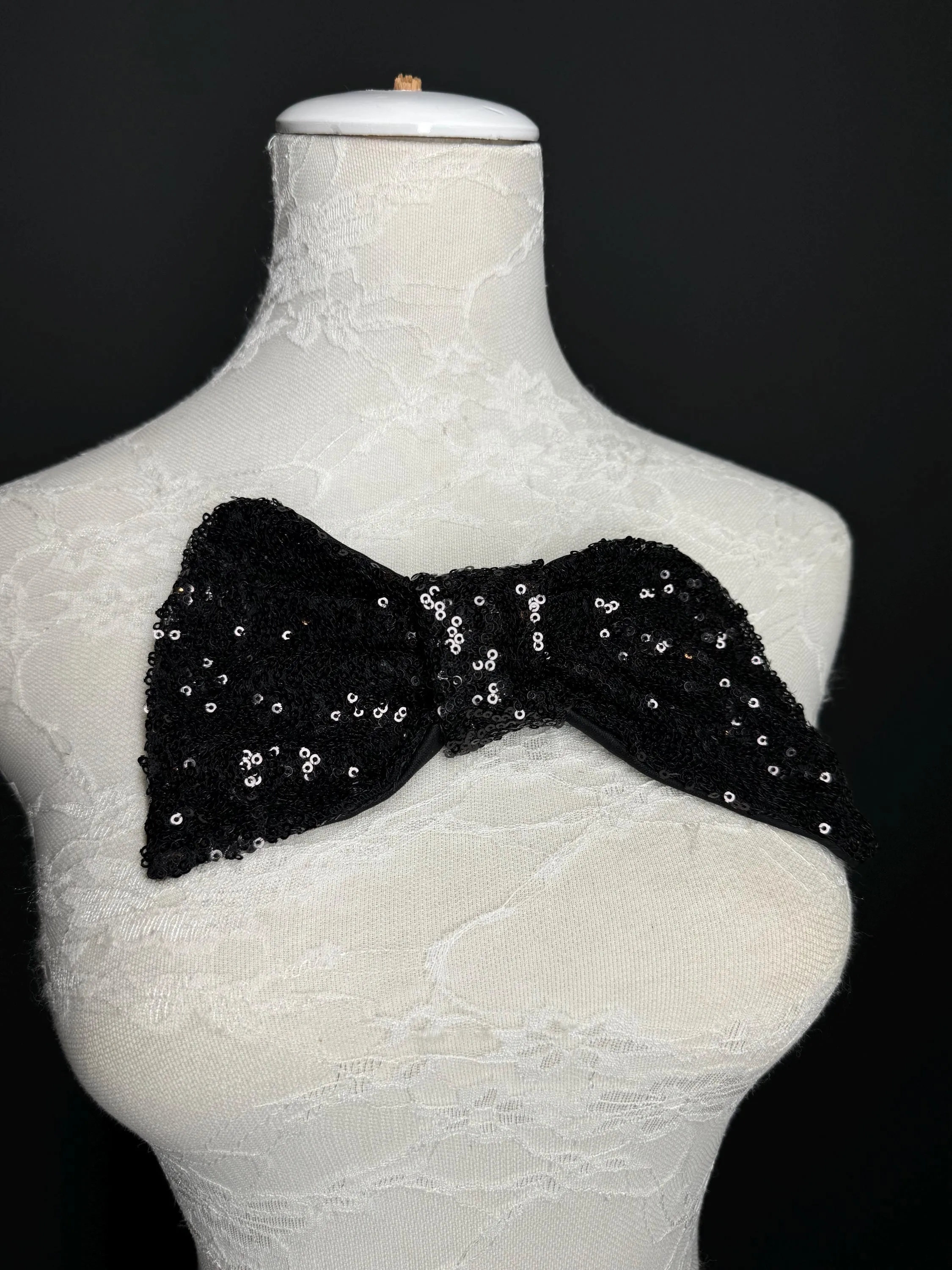 Large Sequins Bow, 8” x 5”, Sequin Fabric Pin on Bow, Clothing, Dress, Hat, FAN Design, Handmade in UK, Black, Bow Corsage