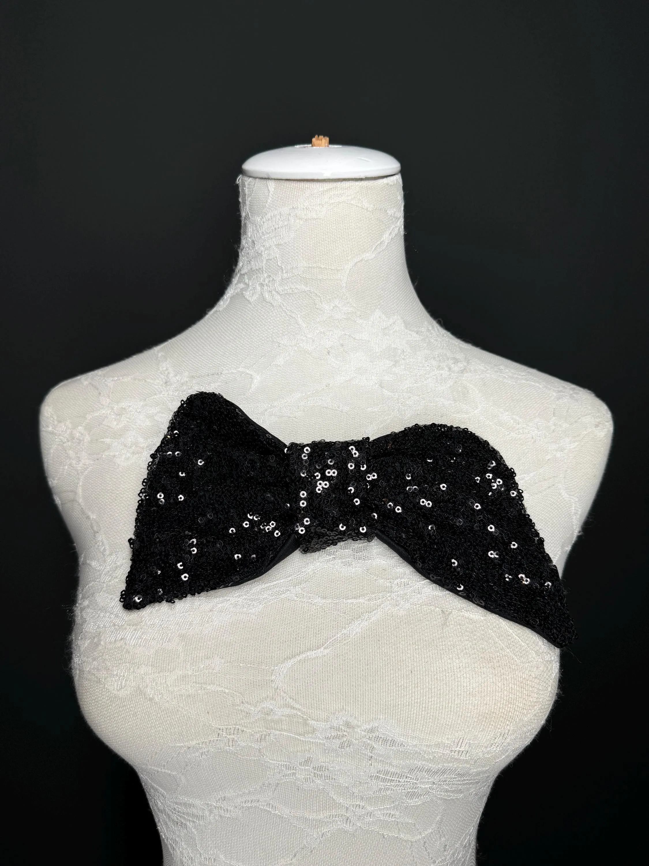 Large Sequins Bow, 8” x 5”, Sequin Fabric Pin on Bow, Clothing, Dress, Hat, FAN Design, Handmade in UK, Black, Bow Corsage