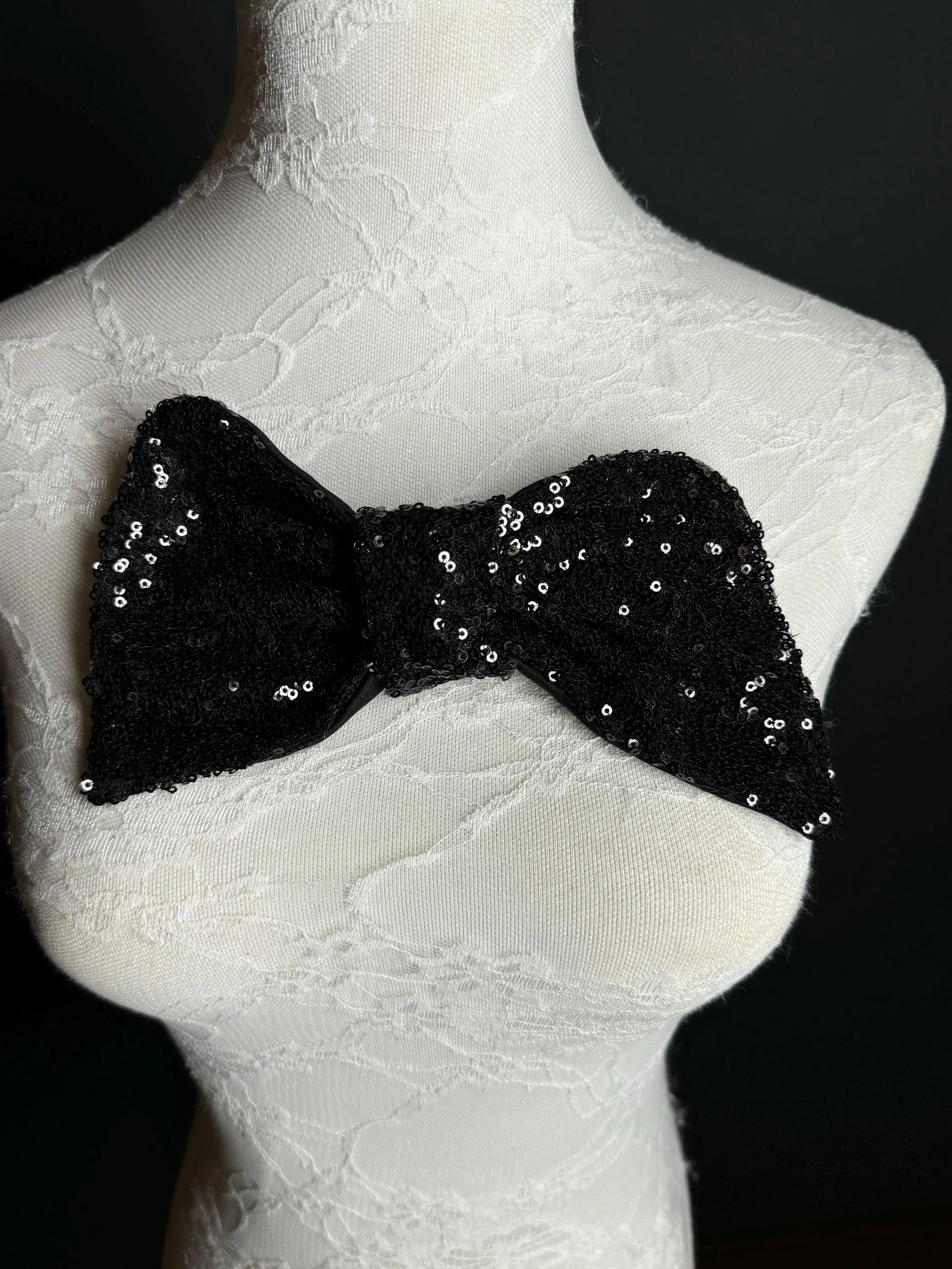 Large Sequins Bow, 8” x 5”, Sequin Fabric Pin on Bow, Clothing, Dress, Hat, FAN Design, Handmade in UK, Black, Bow Corsage
