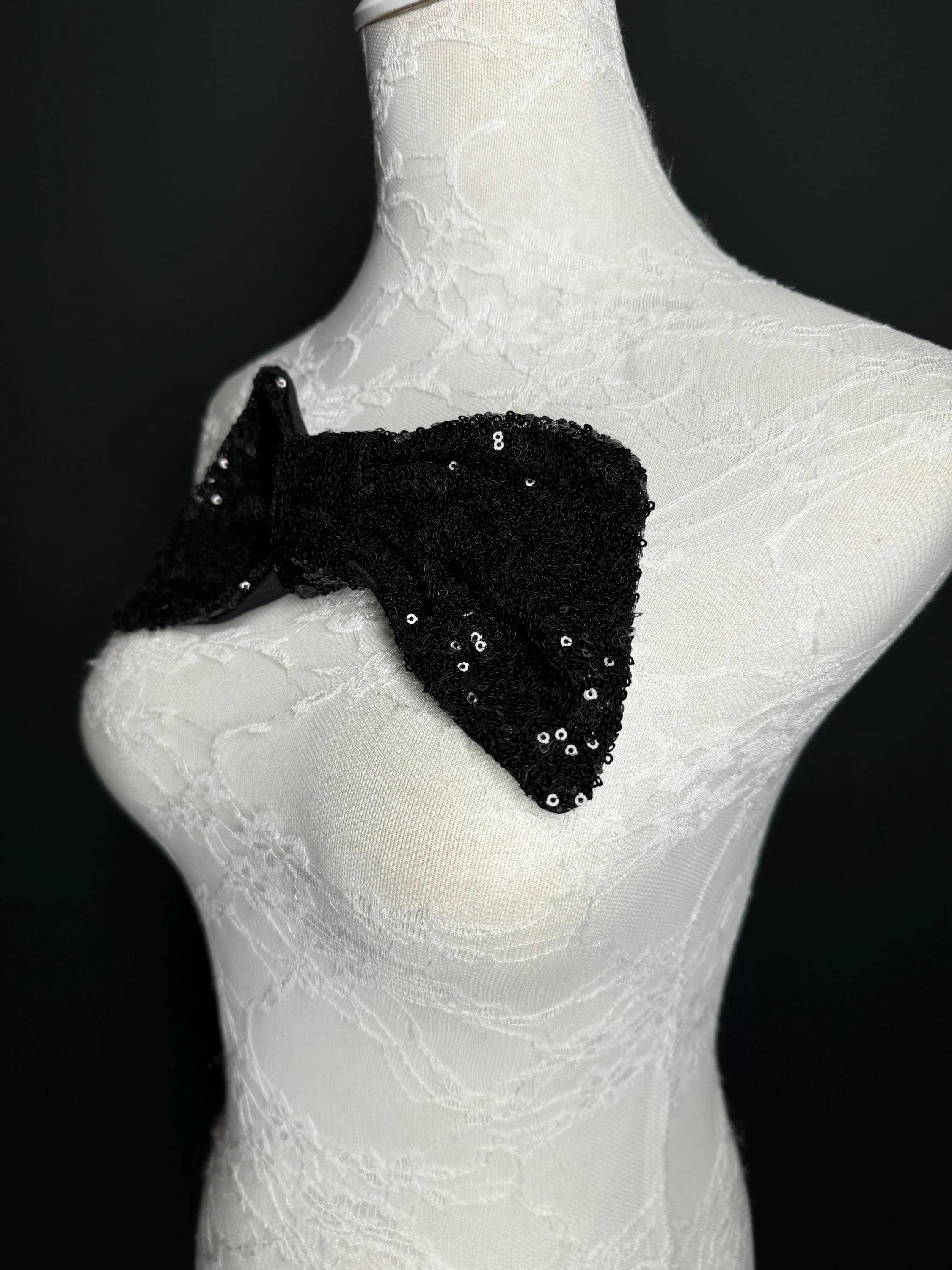 Large Sequins Bow, 8” x 5”, Sequin Fabric Pin on Bow, Clothing, Dress, Hat, FAN Design, Handmade in UK, Black, Bow Corsage