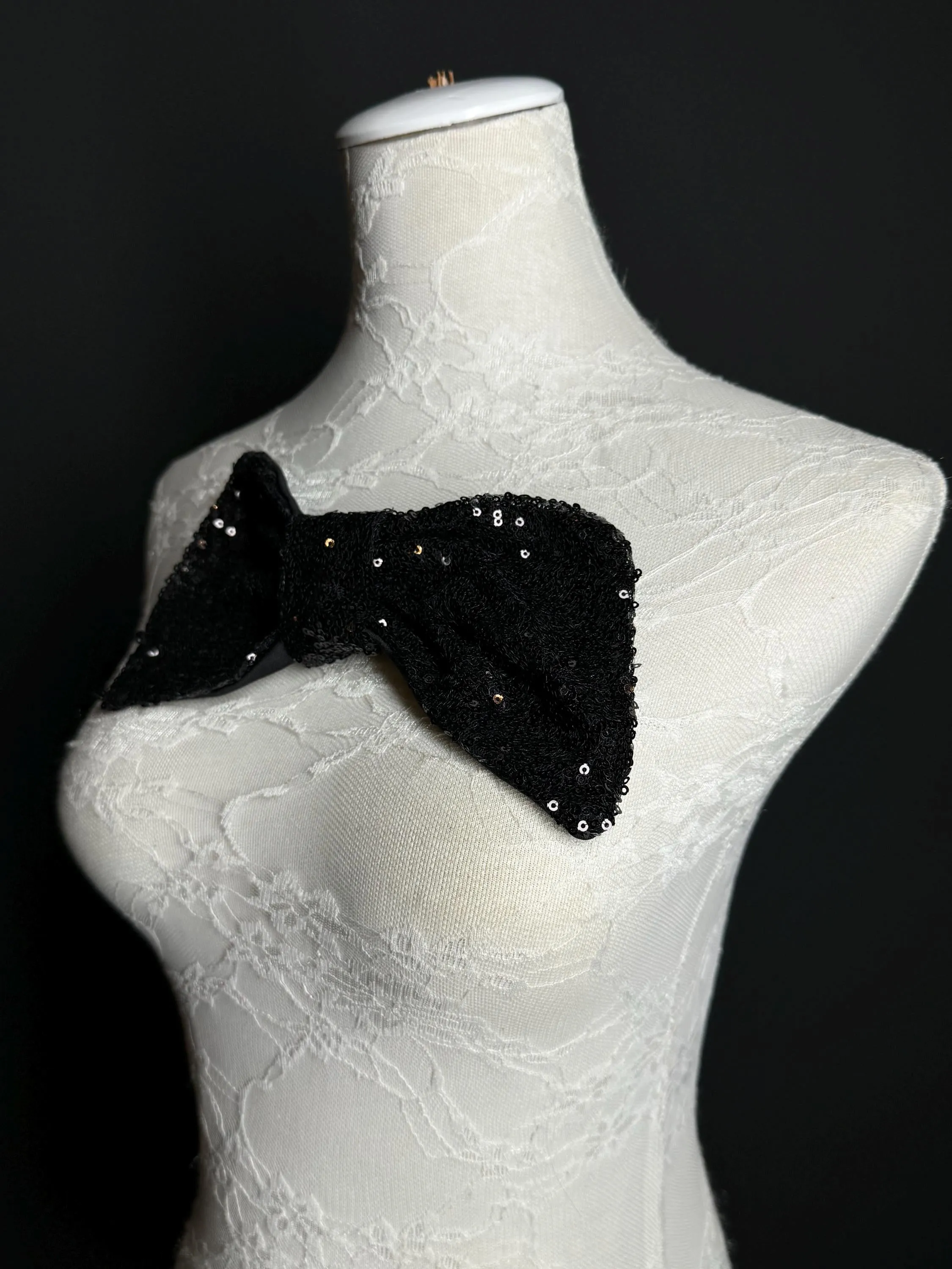 Large Sequins Bow, 8” x 5”, Sequin Fabric Pin on Bow, Clothing, Dress, Hat, FAN Design, Handmade in UK, Black, Bow Corsage