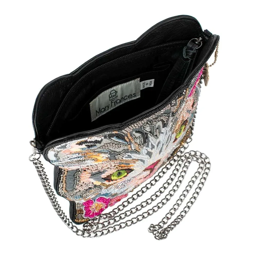 Mary Frances Cattitude Cat Zip Bag Animal Leather Beaded Handbag Purse Gray NEW