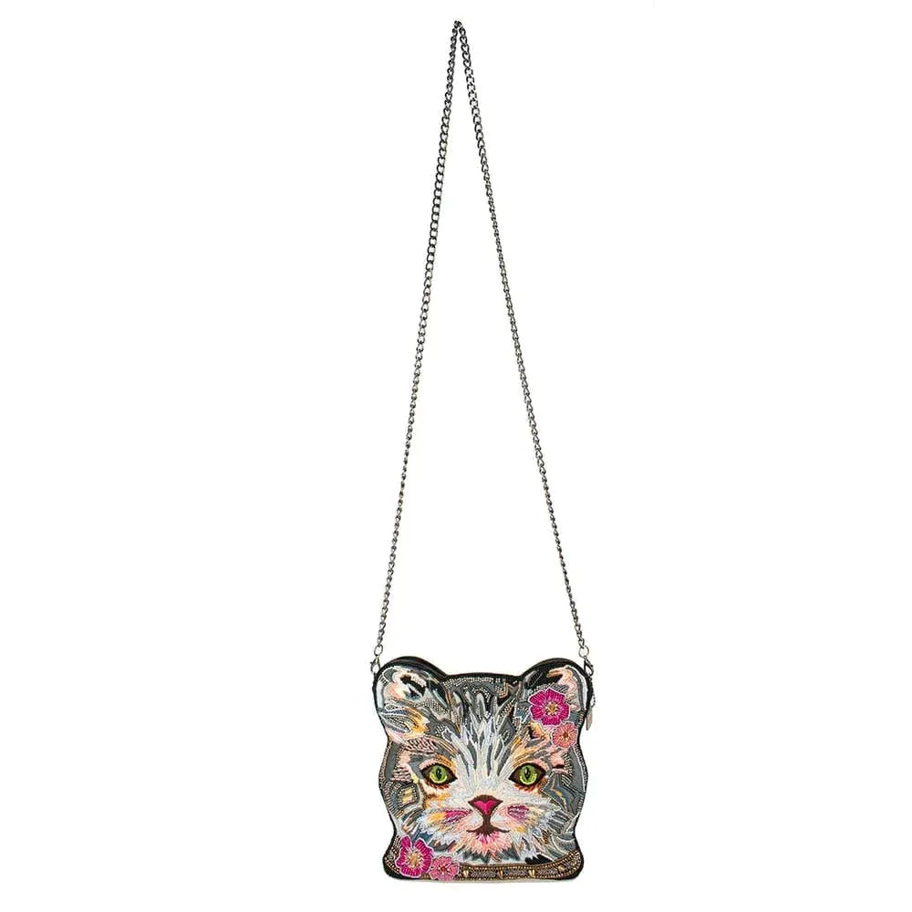 Mary Frances Cattitude Cat Zip Bag Animal Leather Beaded Handbag Purse Gray NEW