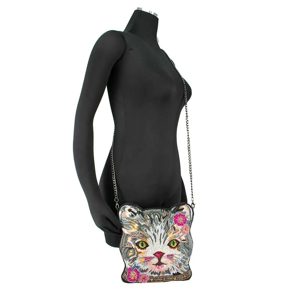 Mary Frances Cattitude Cat Zip Bag Animal Leather Beaded Handbag Purse Gray NEW