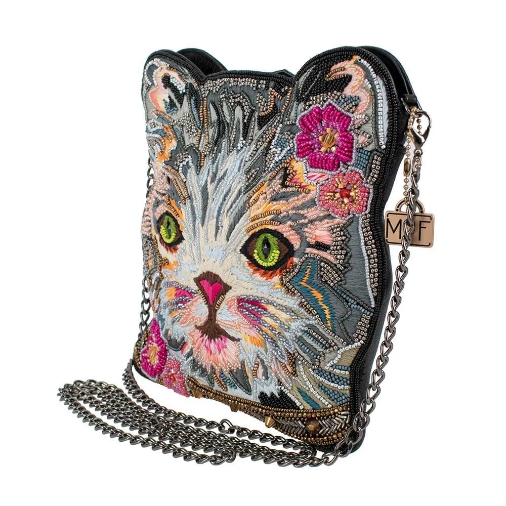 Mary Frances Cattitude Cat Zip Bag Animal Leather Beaded Handbag Purse Gray NEW