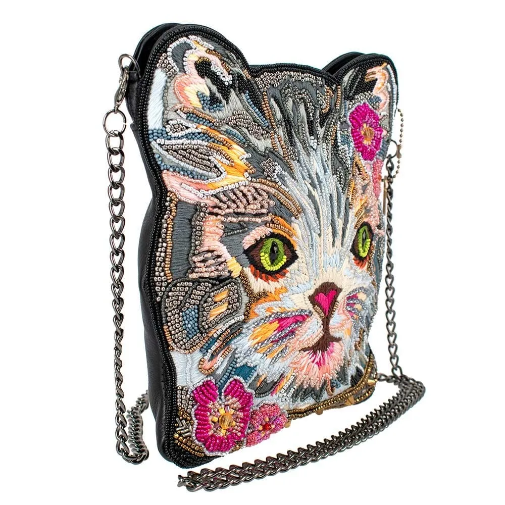 Mary Frances Cattitude Cat Zip Bag Animal Leather Beaded Handbag Purse Gray NEW