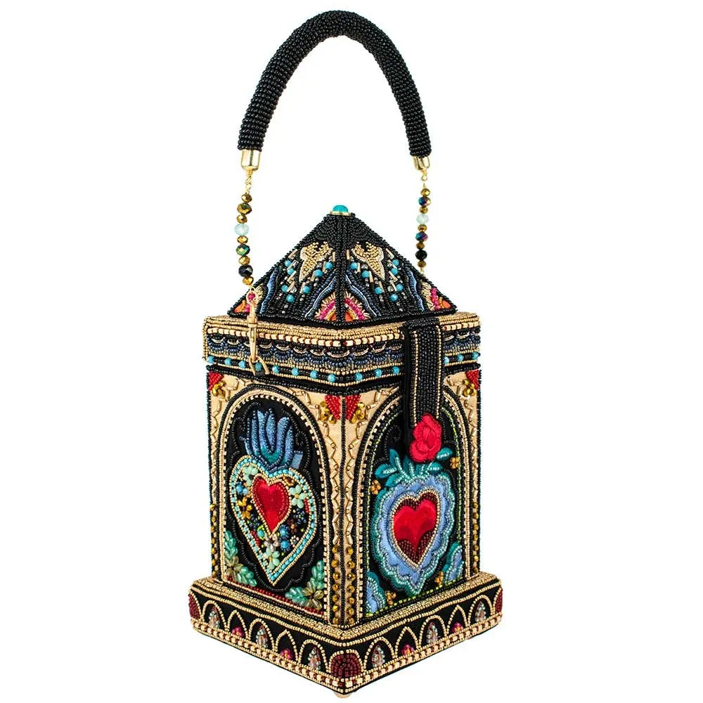 Mary Frances House of Hearts Beaded Red Heart Handbag Black Gold Bag Purse NEW