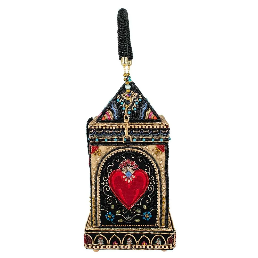 Mary Frances House of Hearts Beaded Red Heart Handbag Black Gold Bag Purse NEW