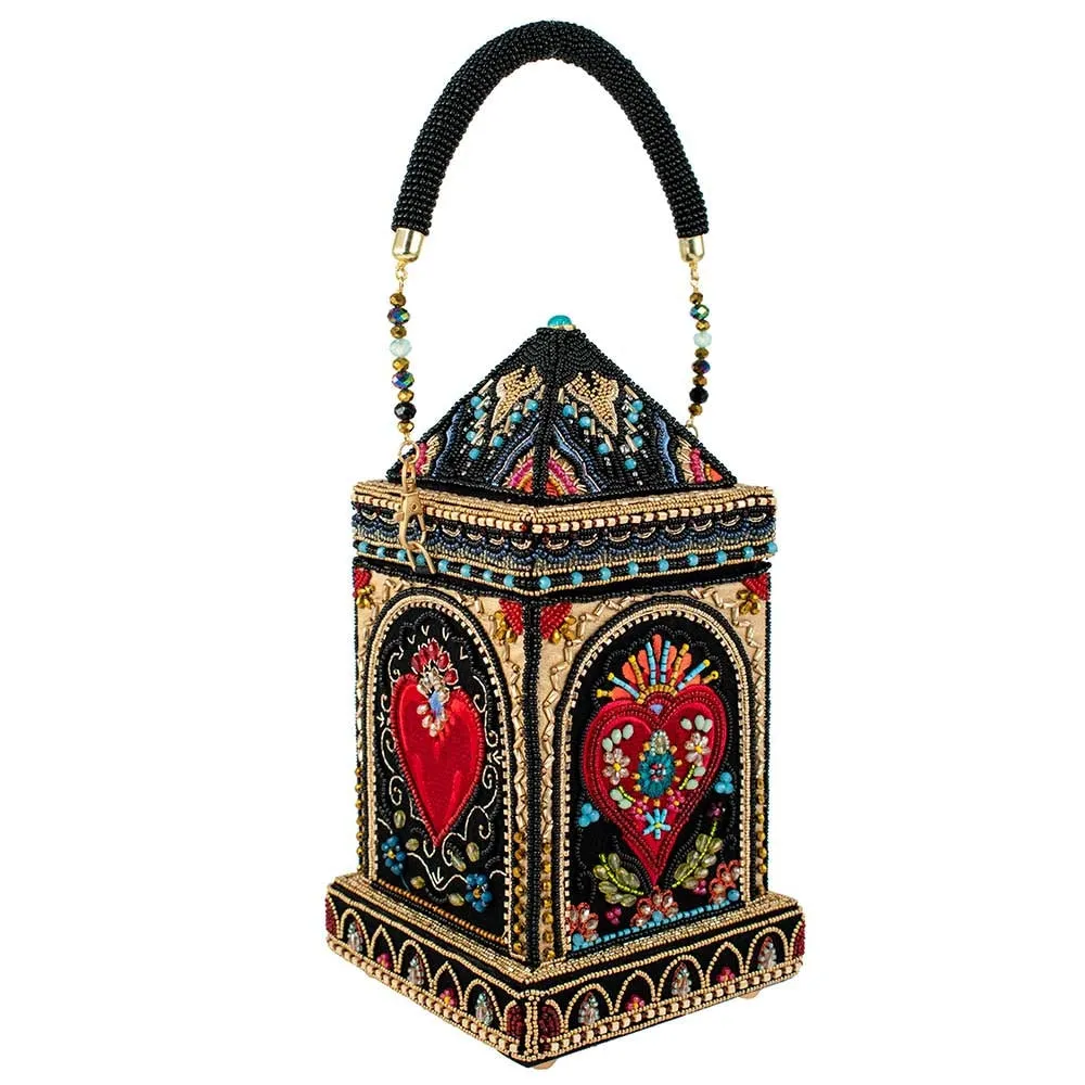Mary Frances House of Hearts Beaded Red Heart Handbag Black Gold Bag Purse NEW