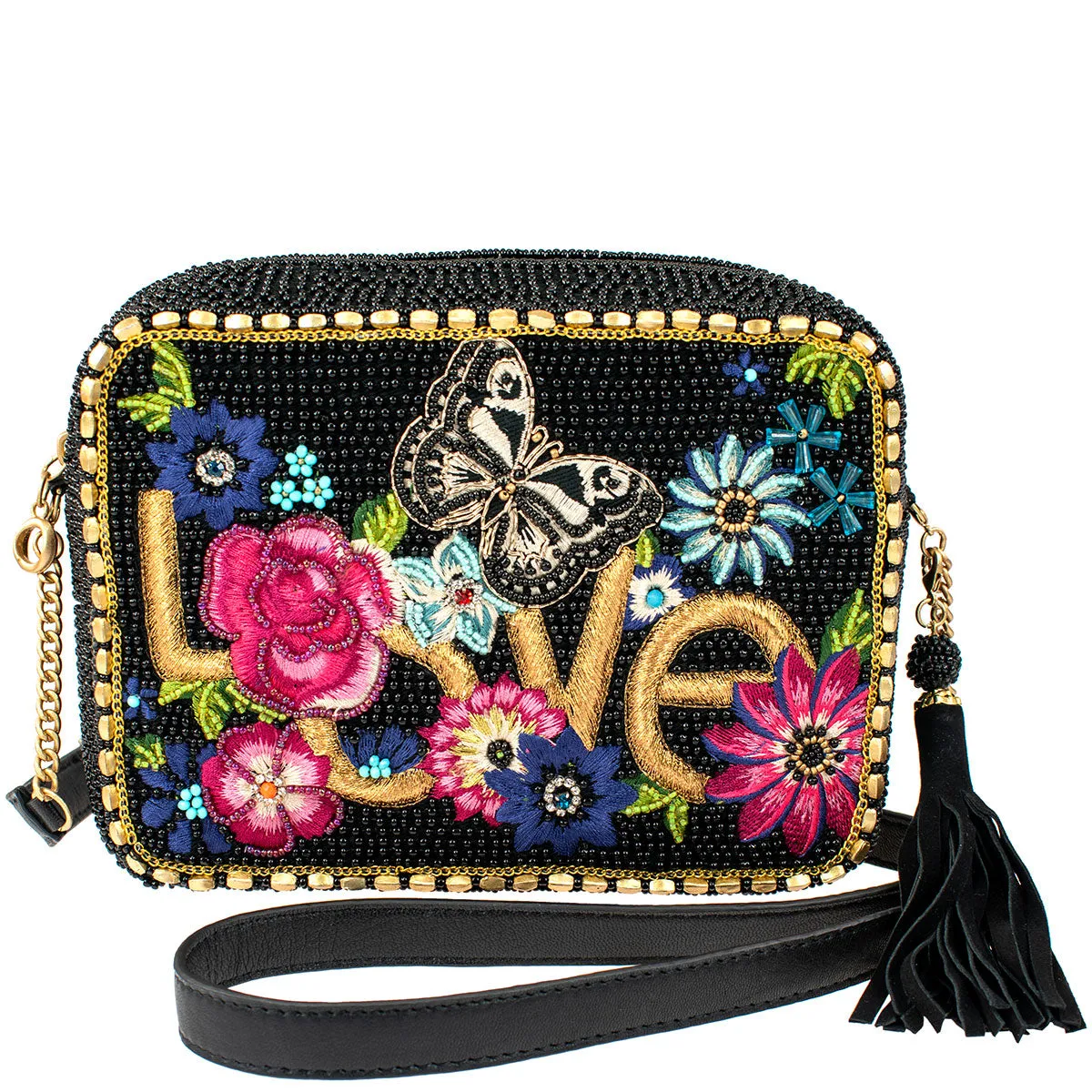 Mary Frances Love Is Love Leather Handbag Black Floral Butterfly Bag Purse NEW