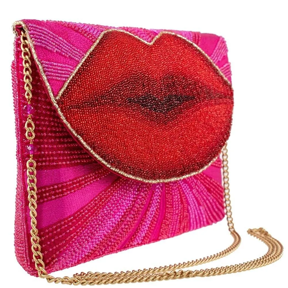 Mary Frances Smooch Crossbody Clutch Handbag Red Lips Beaded Pink Bag New