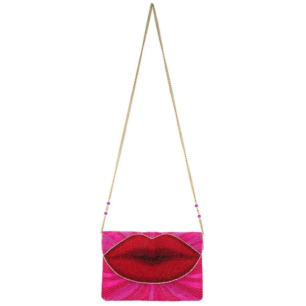 Mary Frances Smooch Crossbody Clutch Handbag Red Lips Beaded Pink Bag New