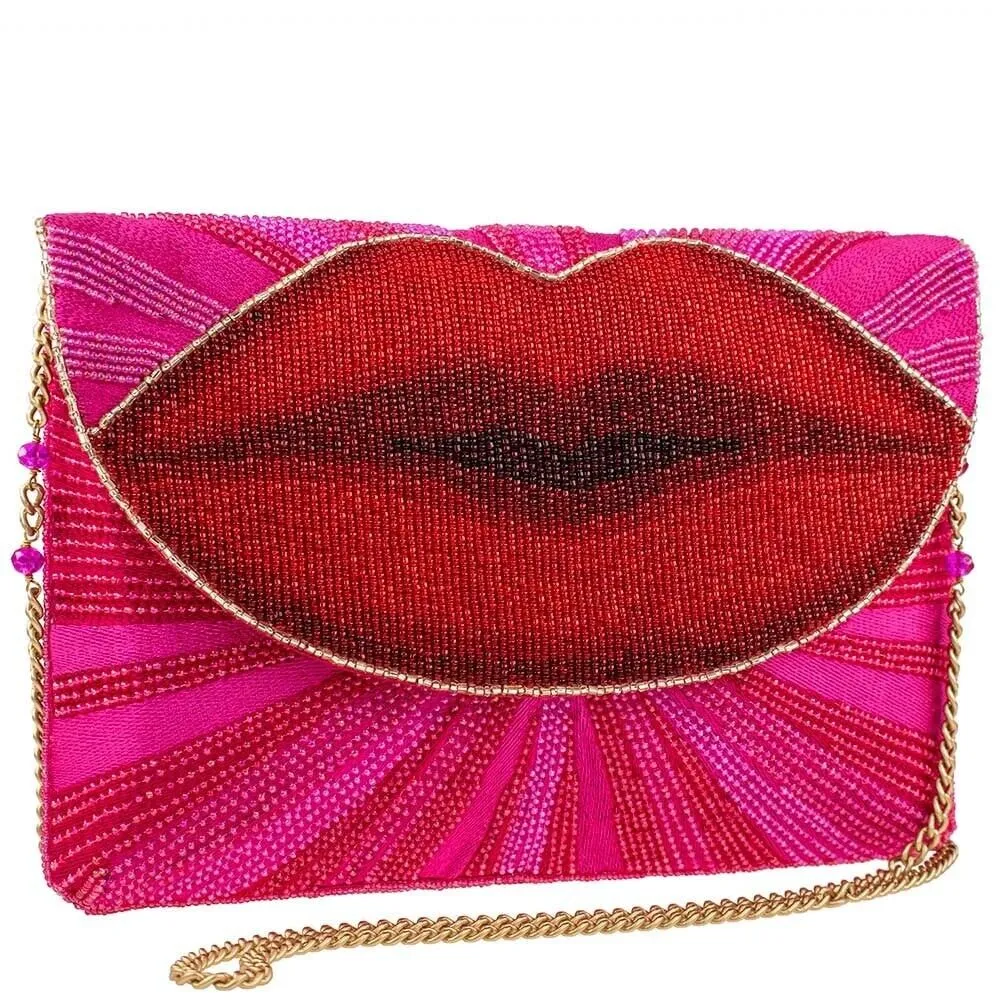 Mary Frances Smooch Crossbody Clutch Handbag Red Lips Beaded Pink Bag New