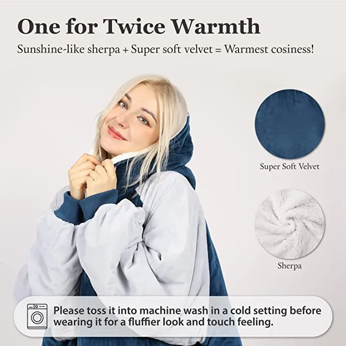 New BLUE Winthome UNisex Wearable Oversized Sherpa Cozy Hooded Sweatshirt with Pockets! Fits Most, Retails $59 