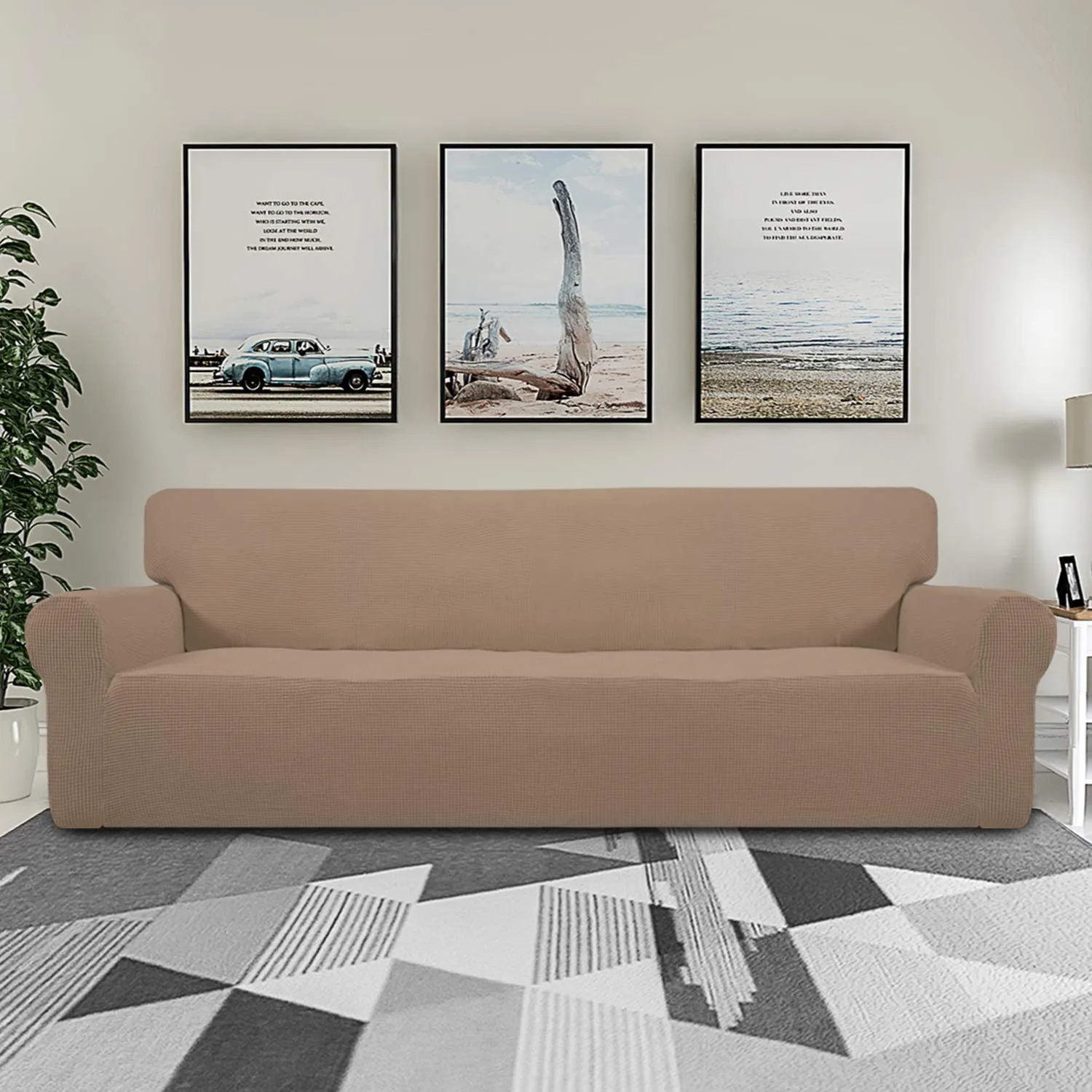 New in package! Easy-Going Stretch 4 seater Sofa Slipcover 1-Piece, Spandex Jacquard Fabric Small Checks, Camel! Retails $85 