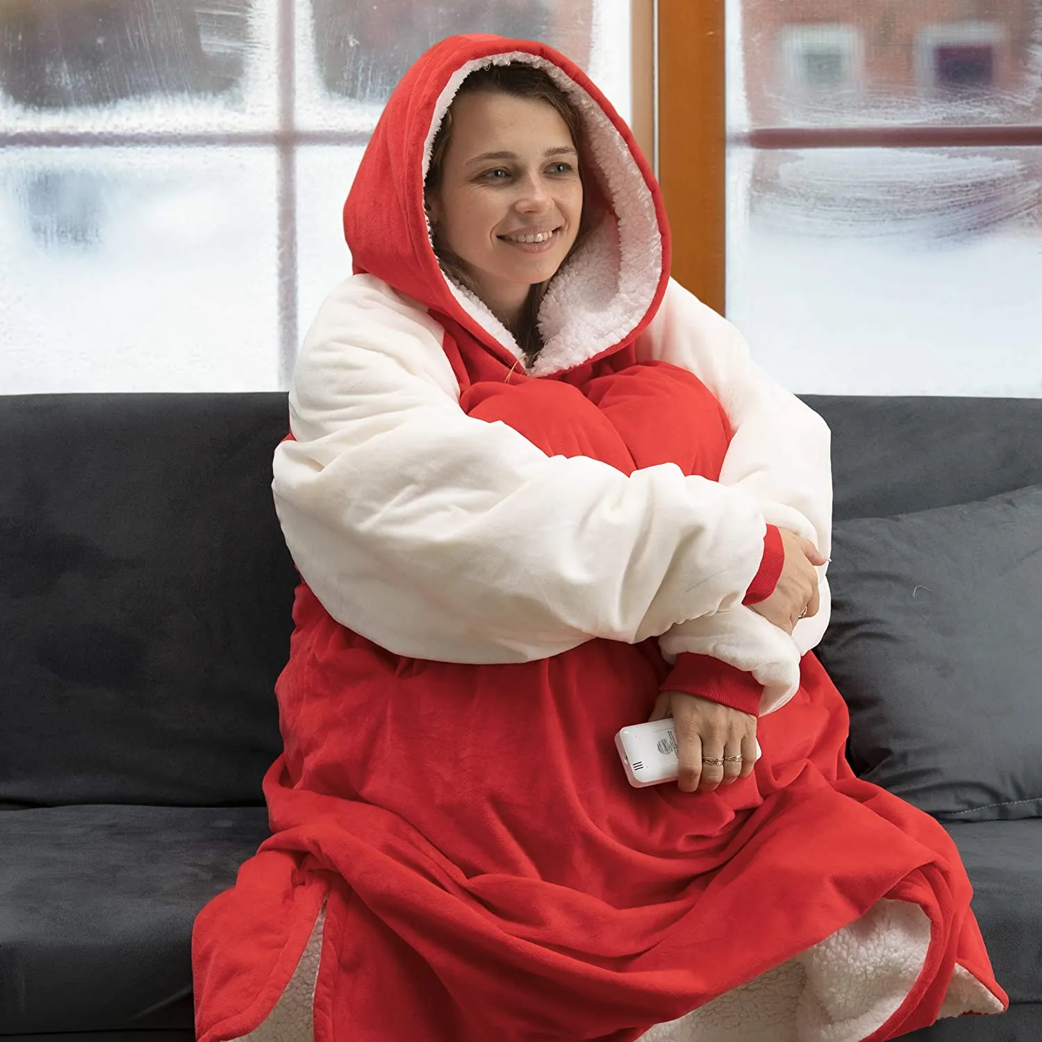 New RED SZ M Winthome UNisex Wearable Oversized Sherpa Cozy Hooded Sweatshirt with Pockets! Sz M RED! Sz M Fits Most, XL Fits Taller People! Retails $59 