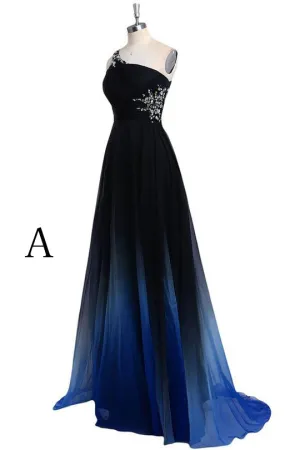 Ombre A Line Sweep Train One Shoulder Sleeveless Open Back Beading Prom Dresses