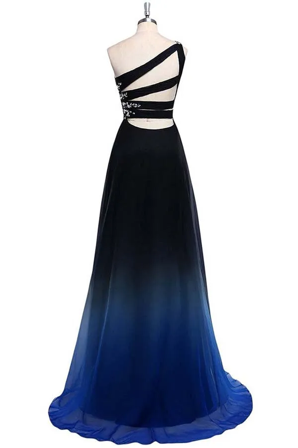 Ombre A Line Sweep Train One Shoulder Sleeveless Open Back Beading Prom Dresses