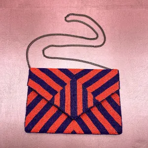 Orange & Navy Stripe Beaded Clutch