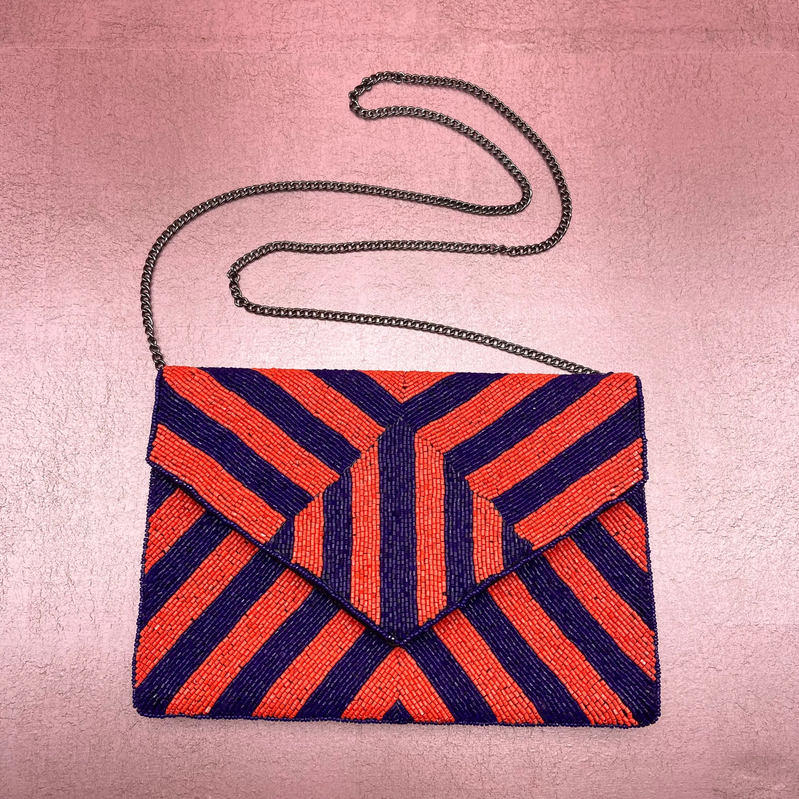 Orange & Navy Stripe Beaded Clutch