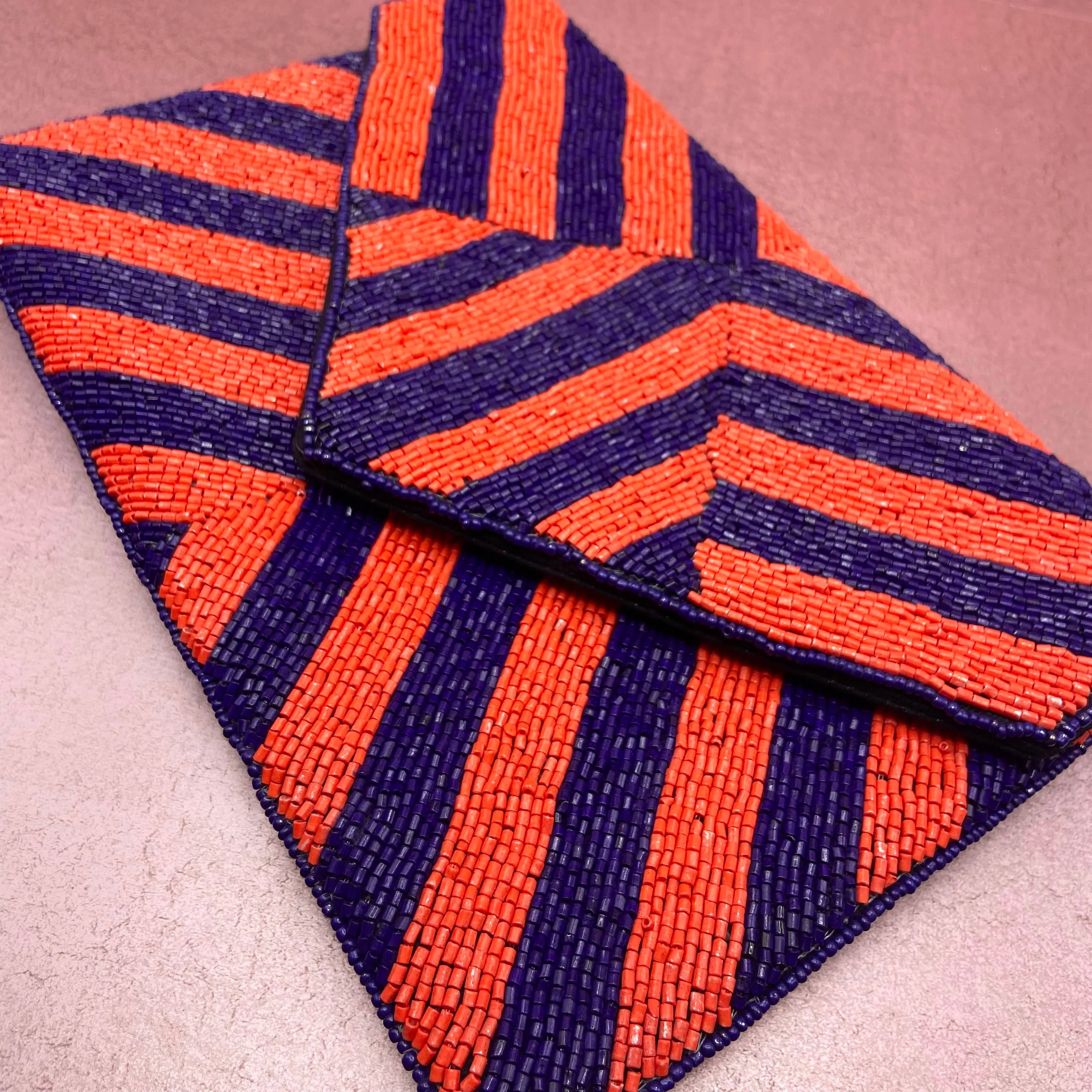 Orange & Navy Stripe Beaded Clutch