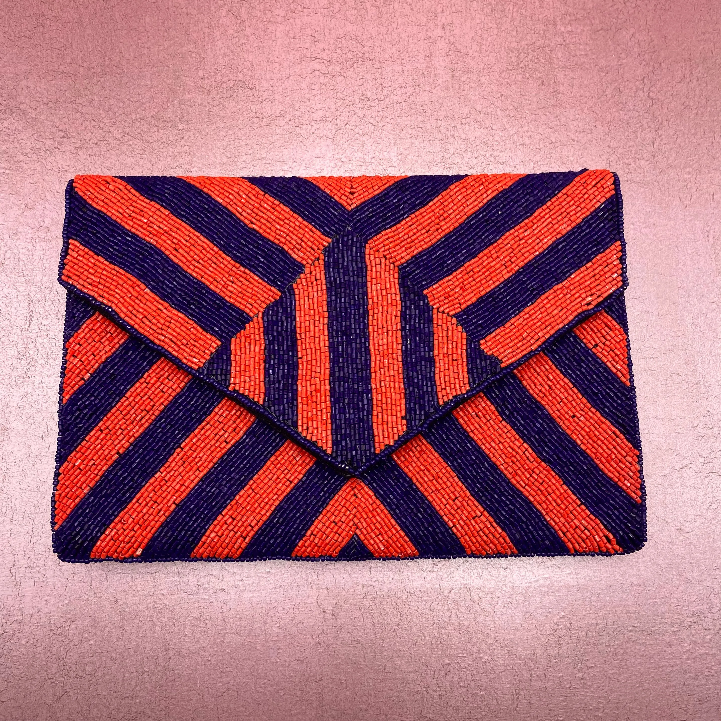 Orange & Navy Stripe Beaded Clutch