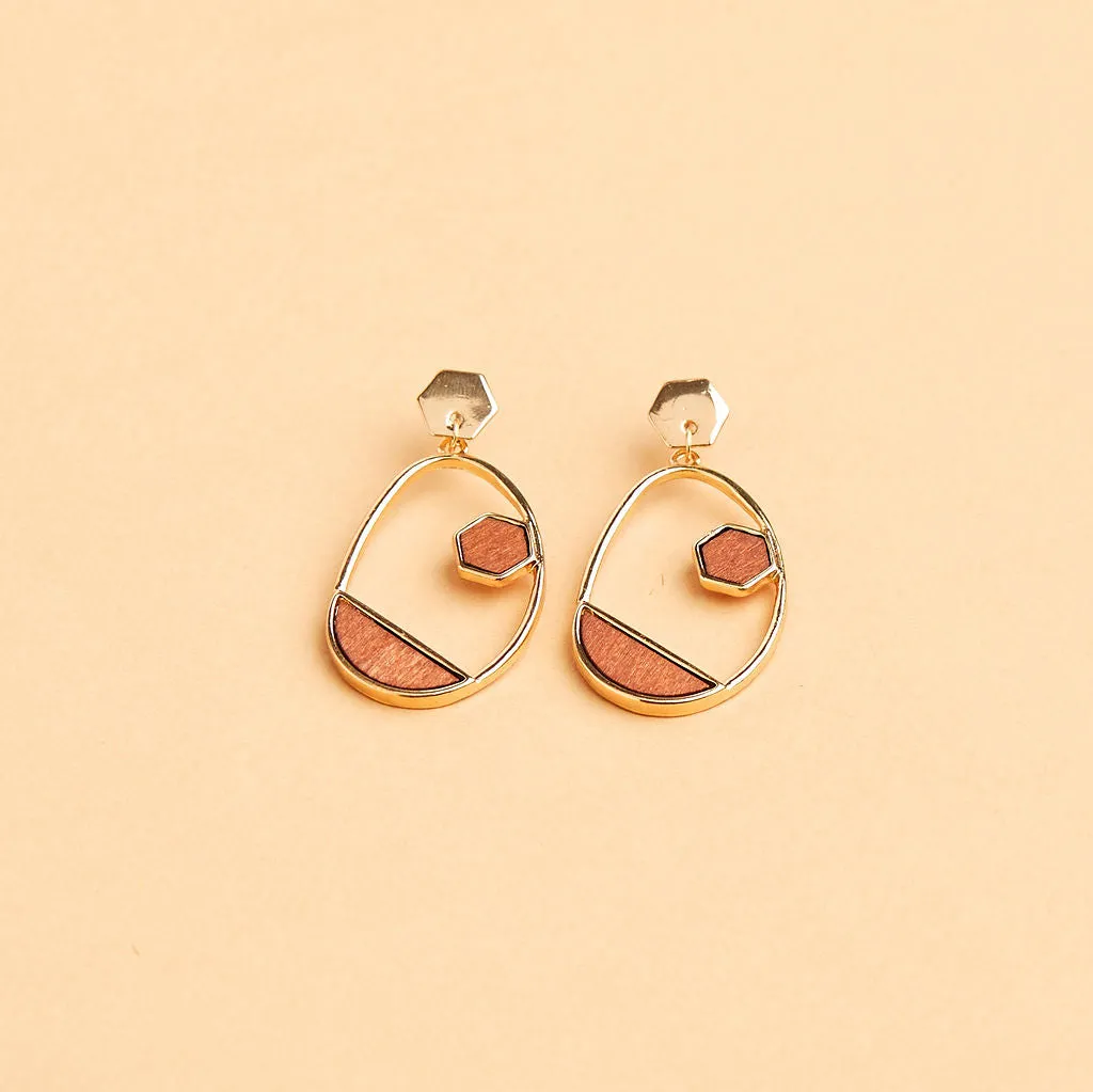 Oval Hoop Gold and Wood Faux Earrings