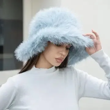 Oversized Fur Bucket Hat with Silver Shimmer