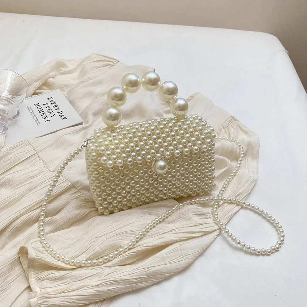 Pearl Evening Bag Handmade Woven Women Shoulder Bag Solid Handbag Clutch Purse Wedding Party Dinner Bag