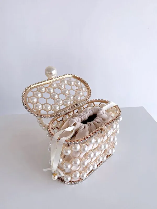 Pearl Top-Handle Women Metal Bucket Bag Crystal Evening Purses and Clutches Formal Wedding Handbags