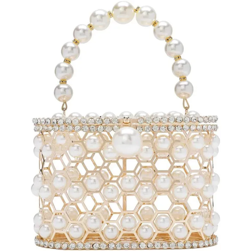 Pearl Top-Handle Women Metal Bucket Bag Crystal Evening Purses and Clutches Formal Wedding Handbags