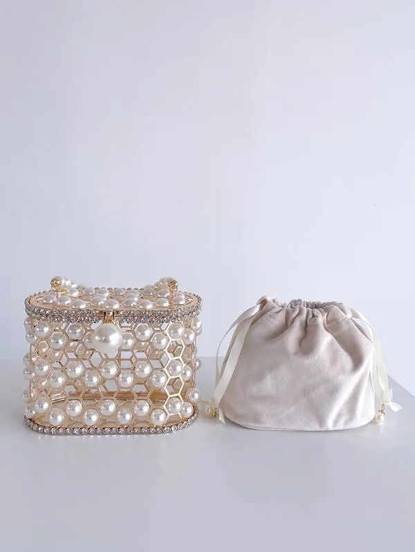 Pearl Top-Handle Women Metal Bucket Bag Crystal Evening Purses and Clutches Formal Wedding Handbags