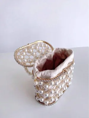 Pearl Top-Handle Women Metal Bucket Bag Crystal Evening Purses and Clutches Formal Wedding Handbags