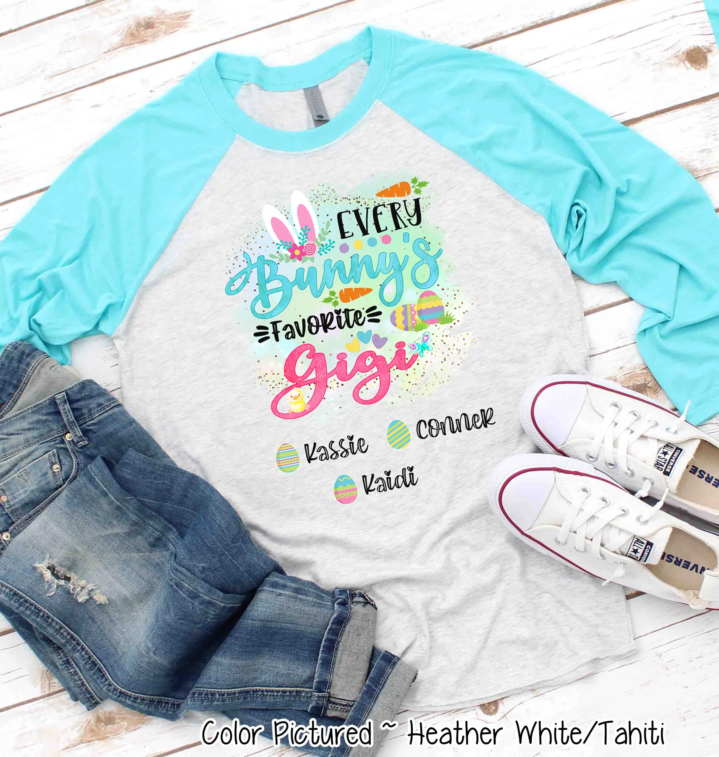 Personalized Shirt For Gigi Every Bunny's Favorite & Easter Eggs with Custom Grandkids Name Easter Day Raglan Tee