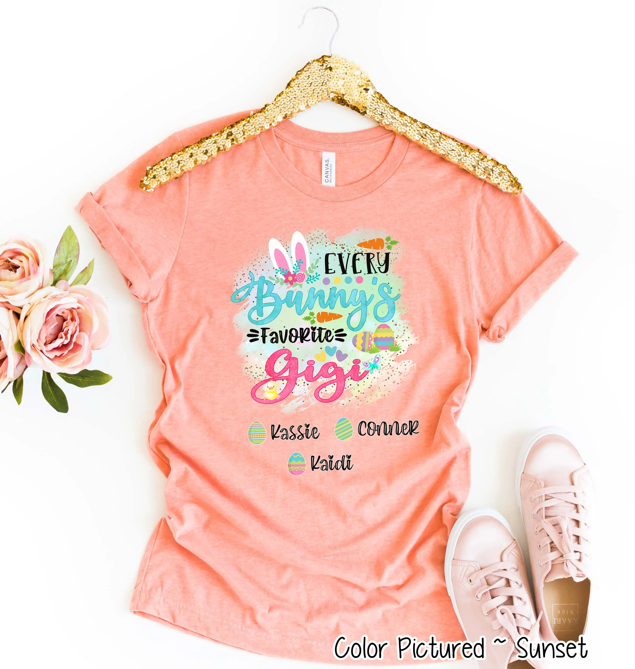 Personalized Shirt For Gigi Every Bunny's Favorite & Easter Eggs with Custom Grandkids Name Easter Day Tee