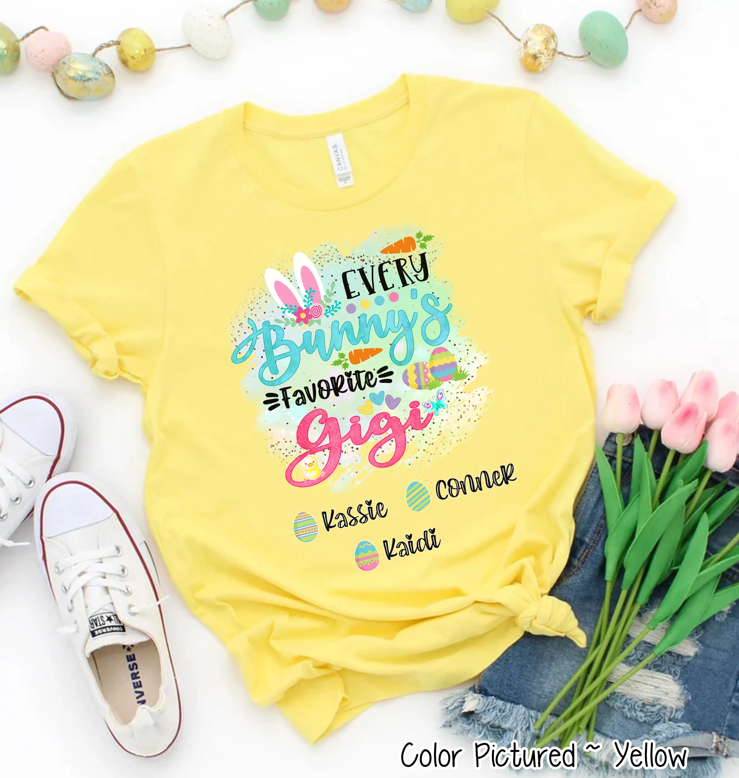 Personalized Shirt For Gigi Every Bunny's Favorite & Easter Eggs with Custom Grandkids Name Easter Day Tee