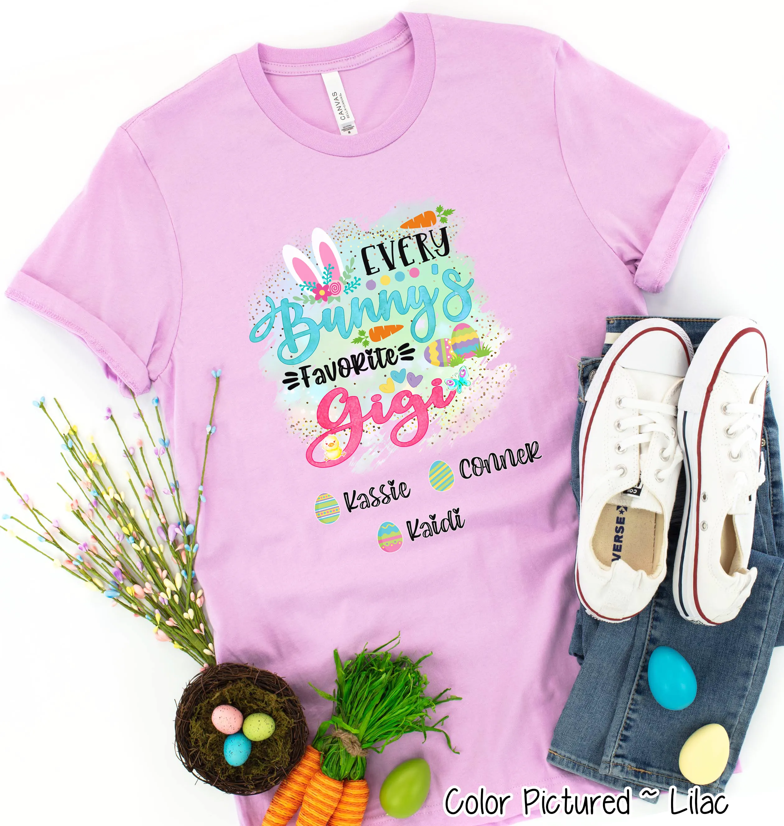 Personalized Shirt For Gigi Every Bunny's Favorite & Easter Eggs with Custom Grandkids Name Easter Day Tee