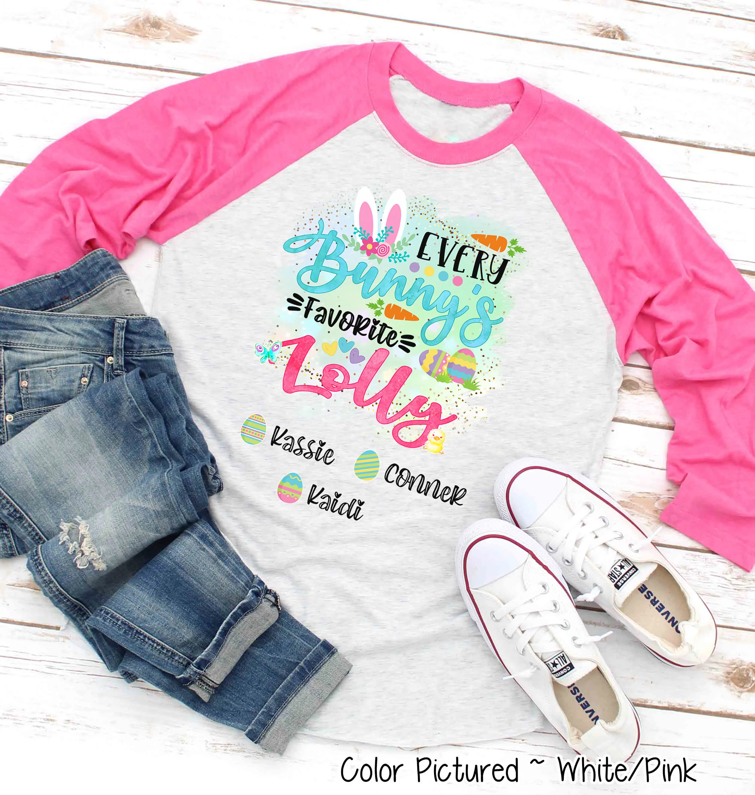 Personalized Shirt For Lolly Every Bunny's Favorite & Easter Eggs with Custom Grandkids Name Easter Day Raglan Tee