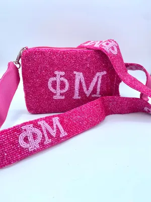 Phi Mu Sorority Beaded Handbag with Purse Strap Set