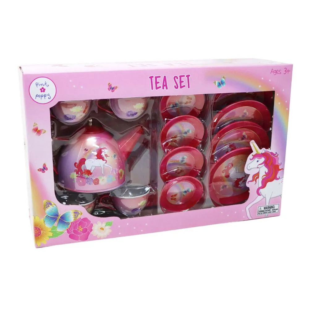 Pink Poppy Unicorn Butterfly 14 Piece Kids Play Pretend Tin Tea Set