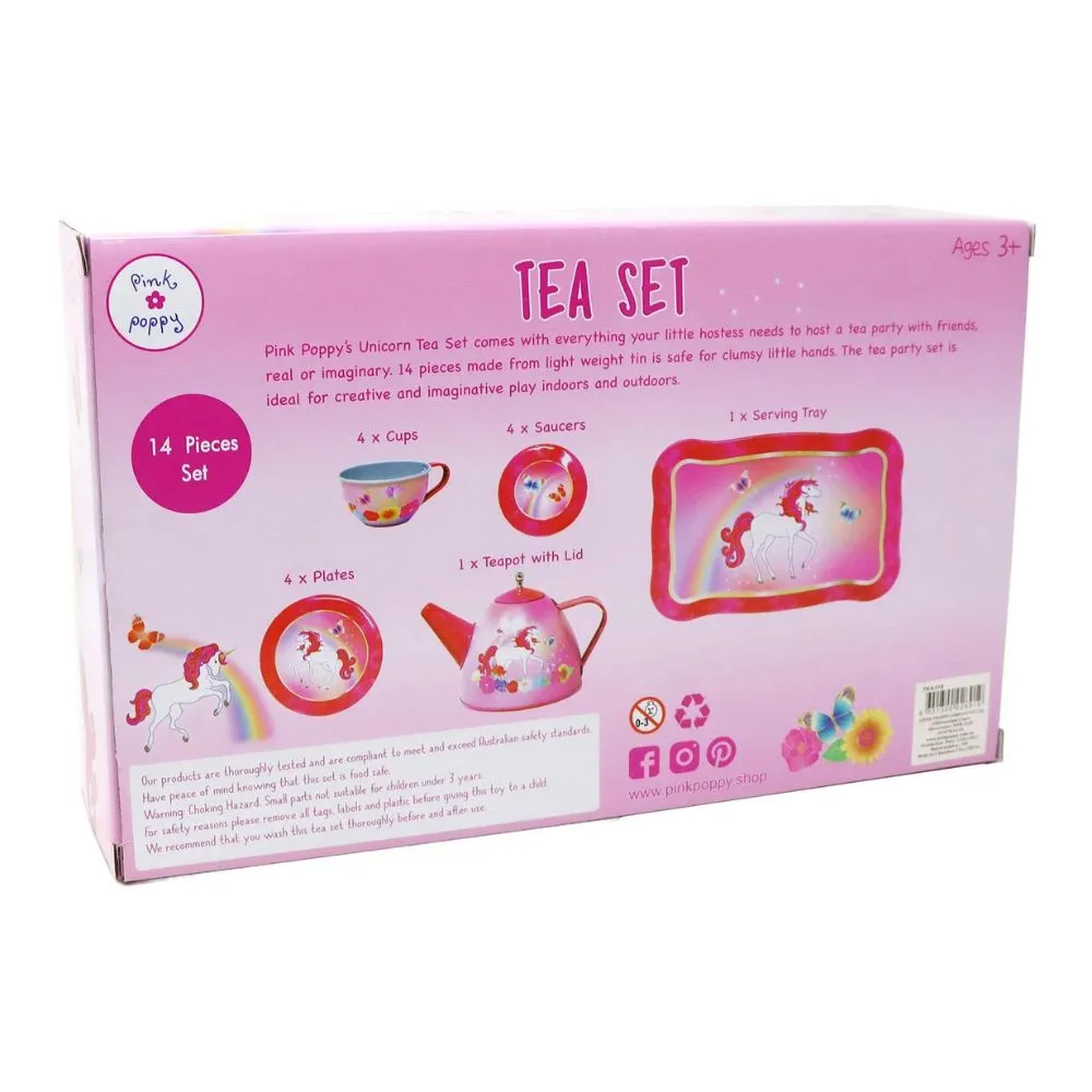 Pink Poppy Unicorn Butterfly 14 Piece Kids Play Pretend Tin Tea Set