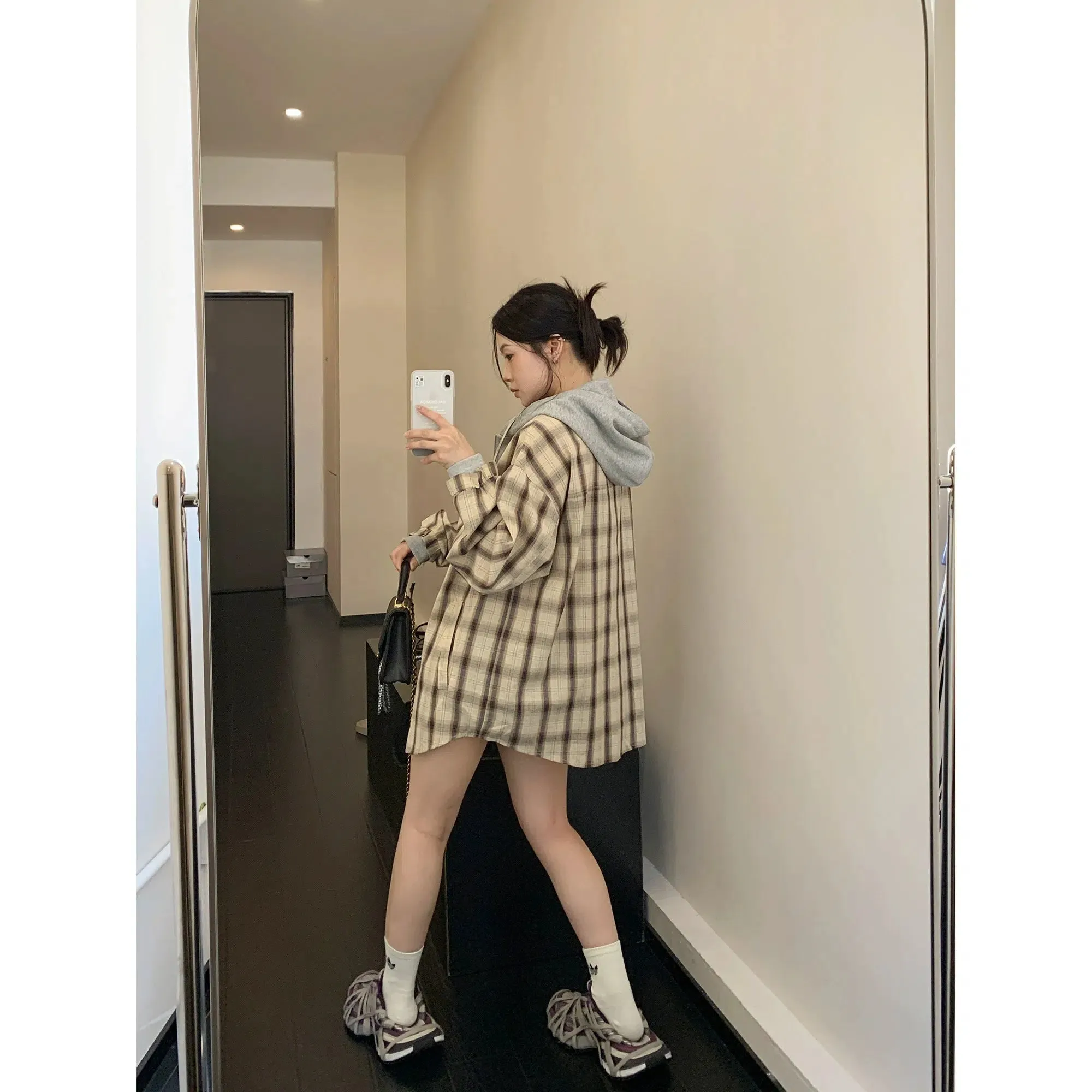 Plaid Oversized Long-Sleeve Hooded Shirt