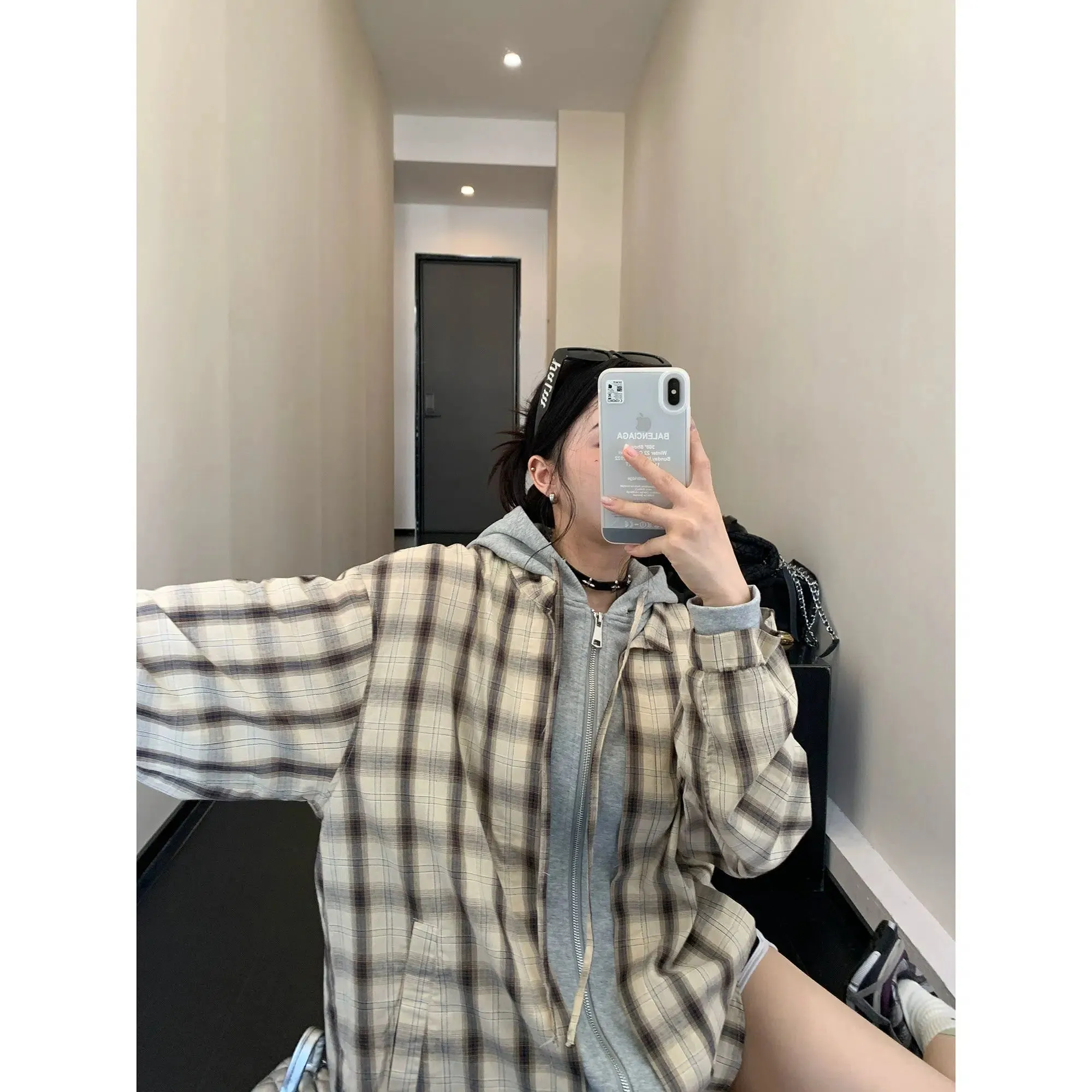 Plaid Oversized Long-Sleeve Hooded Shirt