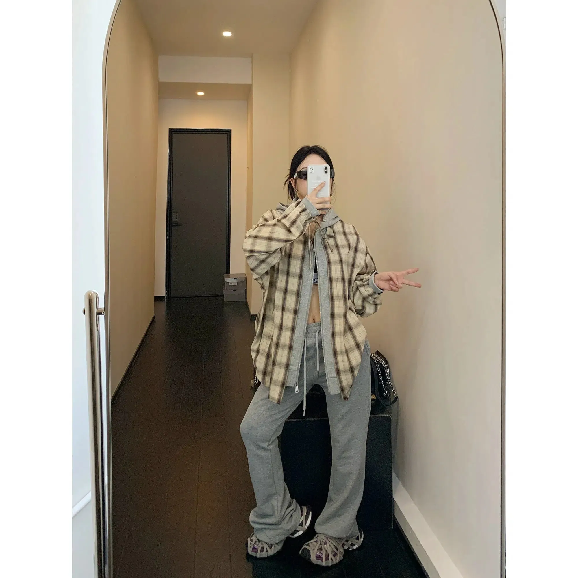 Plaid Oversized Long-Sleeve Hooded Shirt
