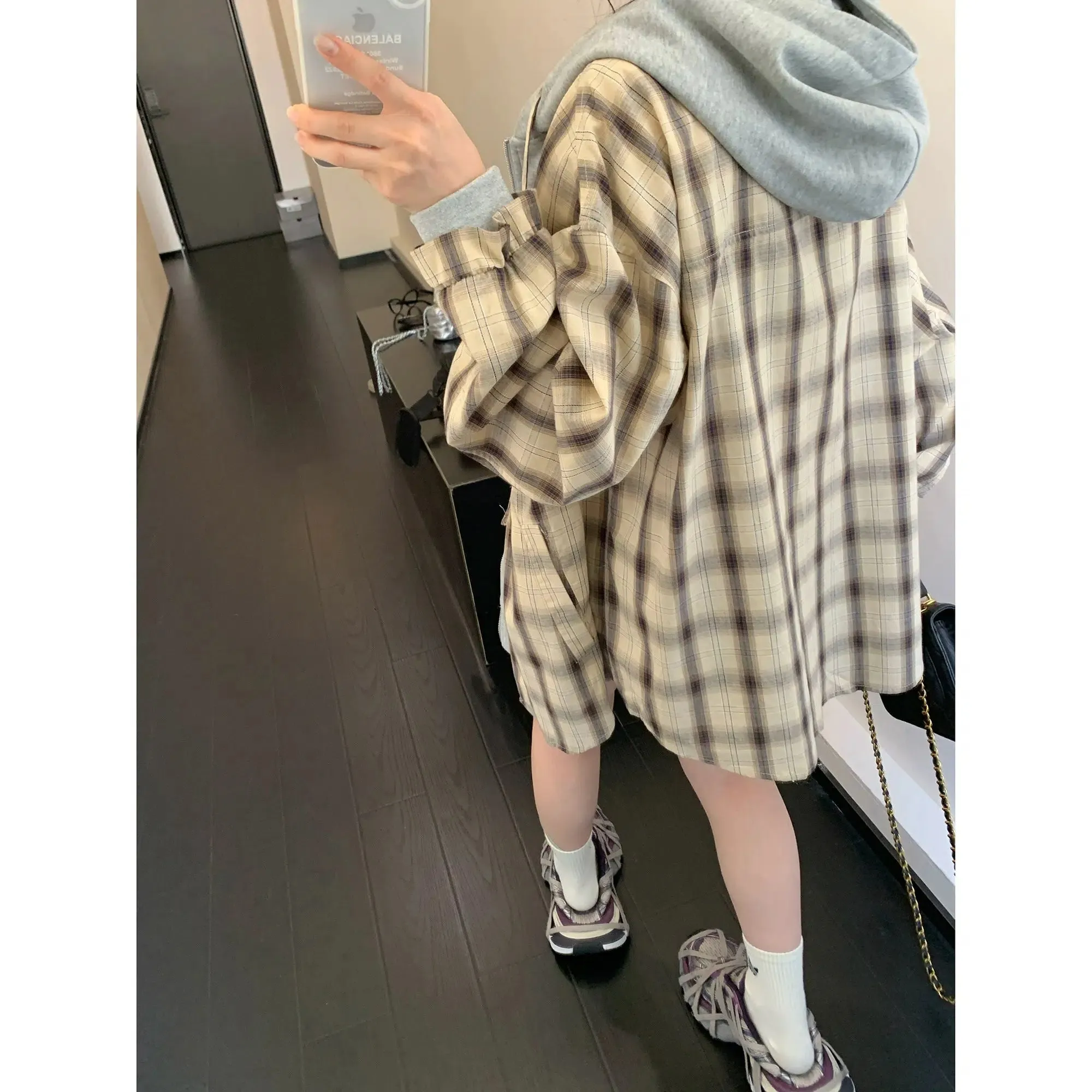 Plaid Oversized Long-Sleeve Hooded Shirt
