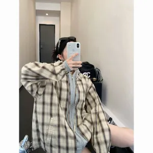 Plaid Oversized Long-Sleeve Hooded Shirt
