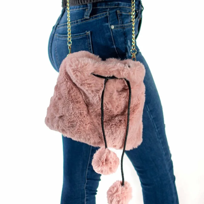 Pom pom faux fur drawstring bag (2 Colors)
